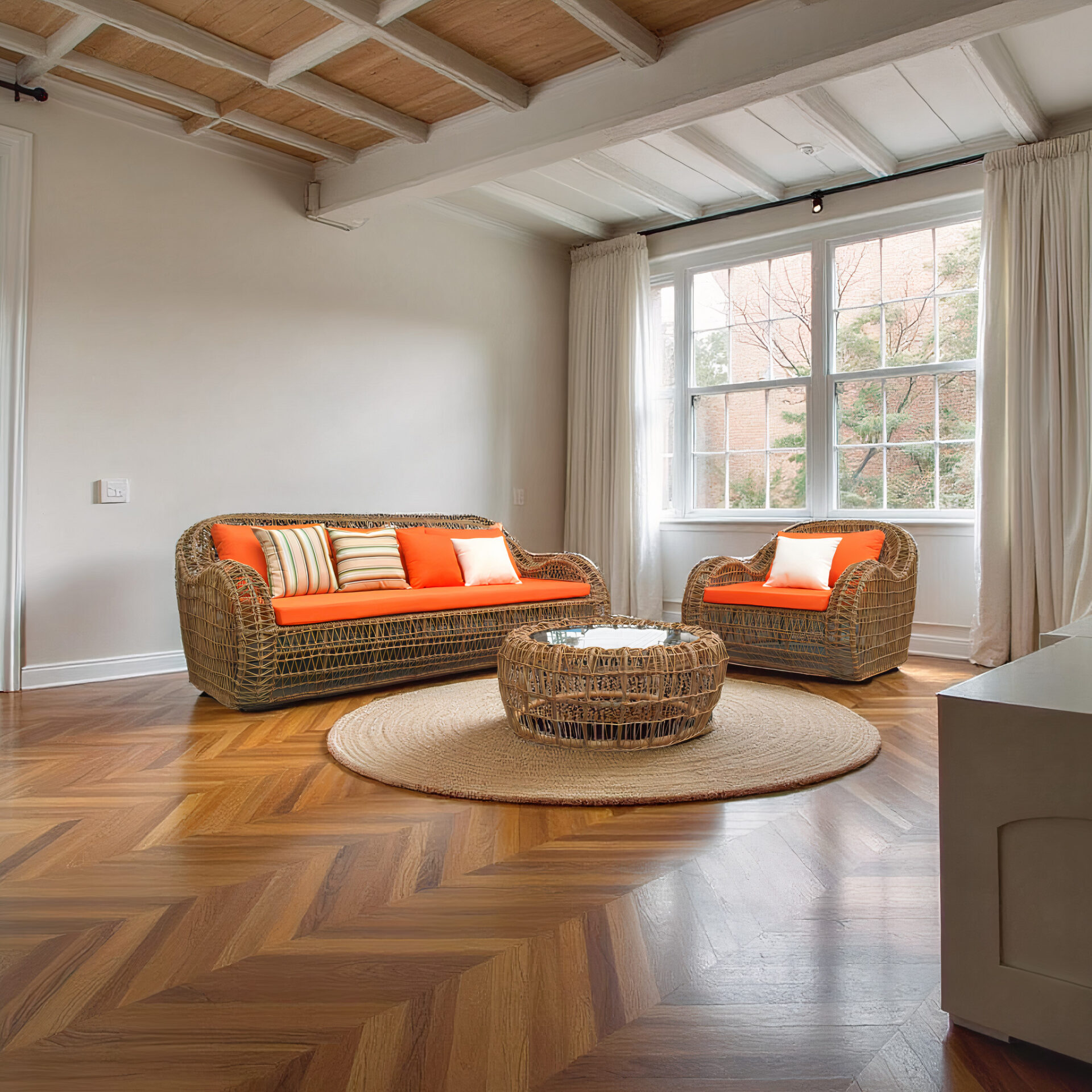 Eco-friendly Designer Style Woven Rattan Sofa and Table Set with Soft Cushions - Image 5