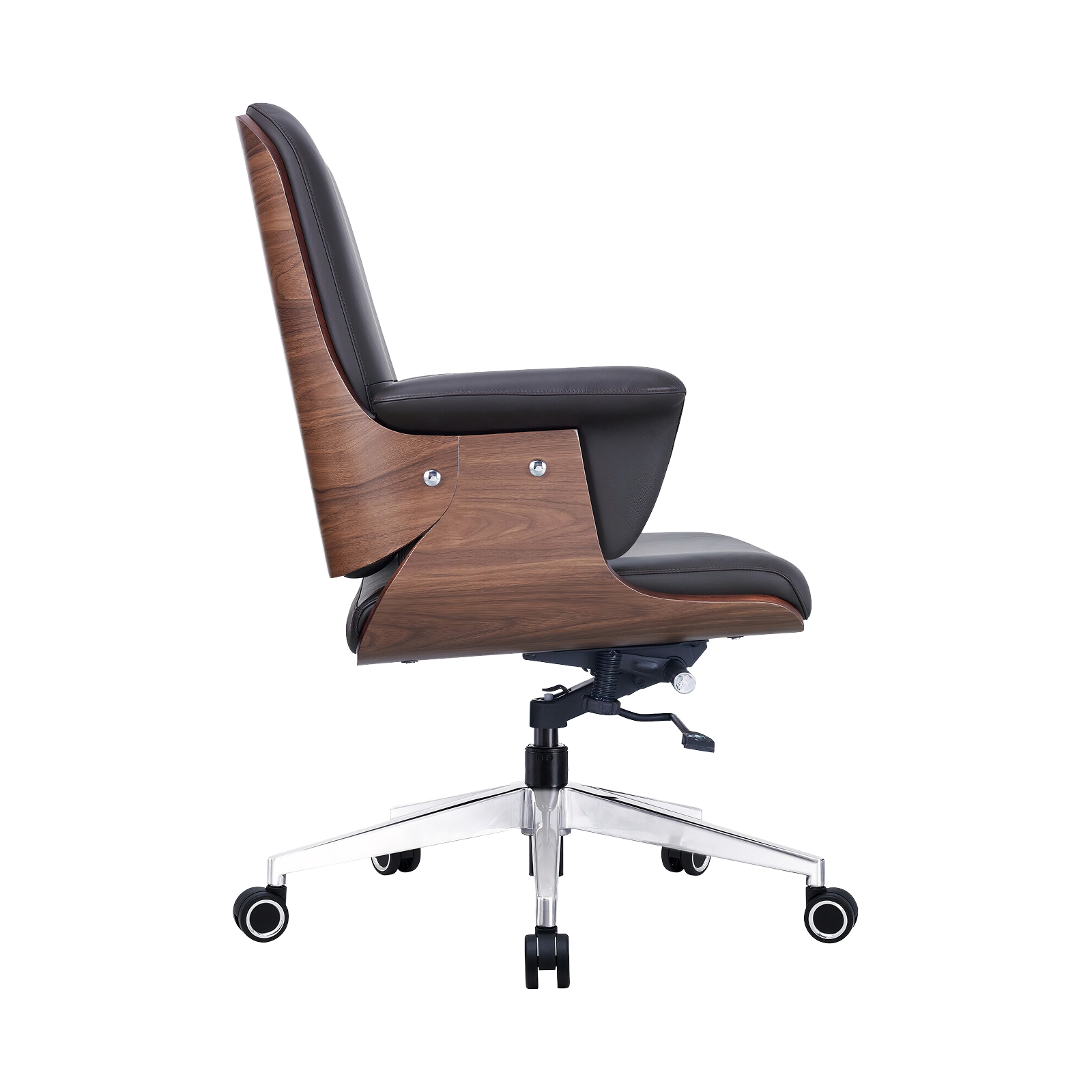Premium Genuine Leather Office Chair – Contoured Mid-Back Design & Artisanal Wooden Backrest - Image 2