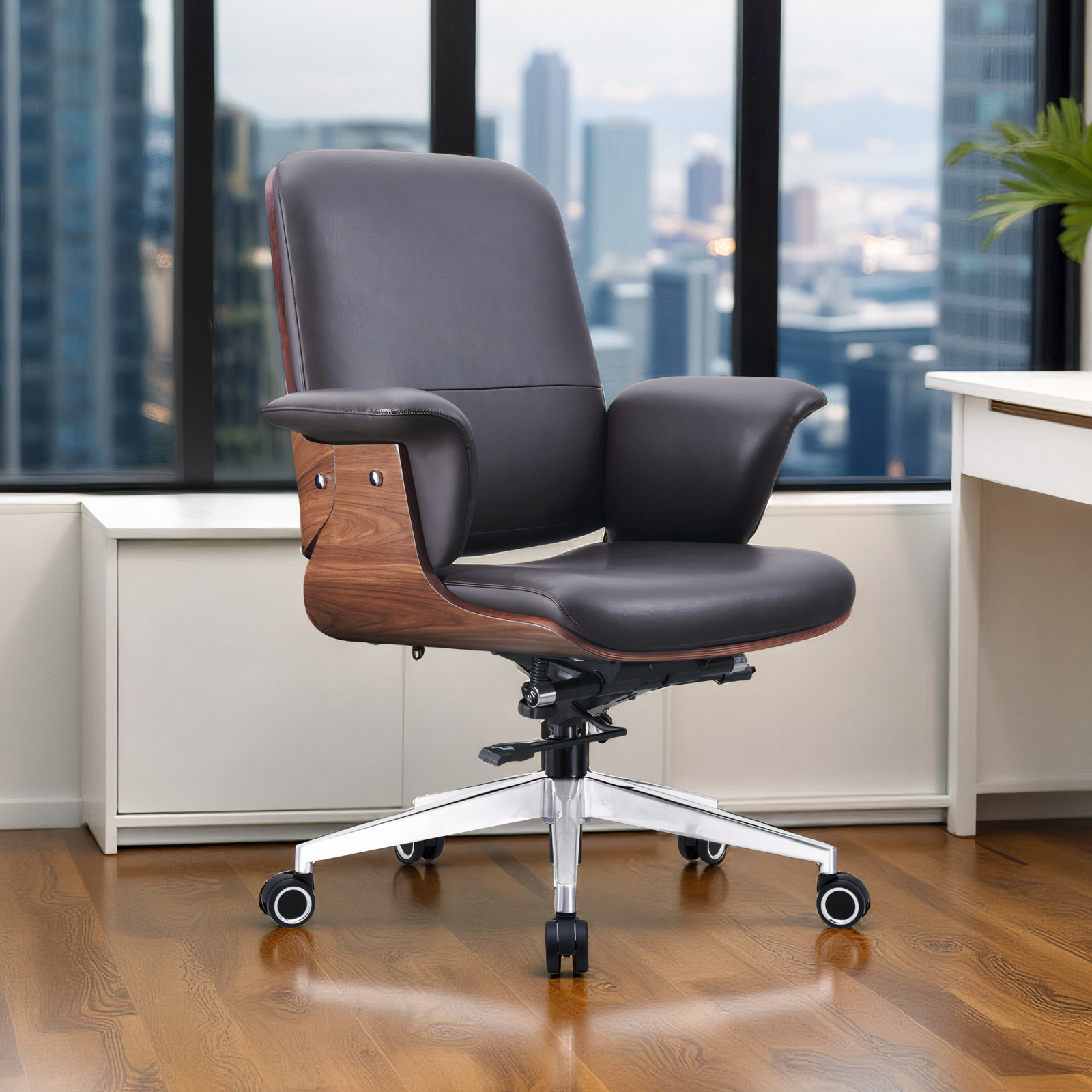 Premium Genuine Leather Office Chair – Contoured Mid-Back Design & Artisanal Wooden Backrest - Image 4